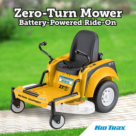 Kid Trax 12V Zero Turn Lawn Mower Yellow side view supports imaginative yard adventures
