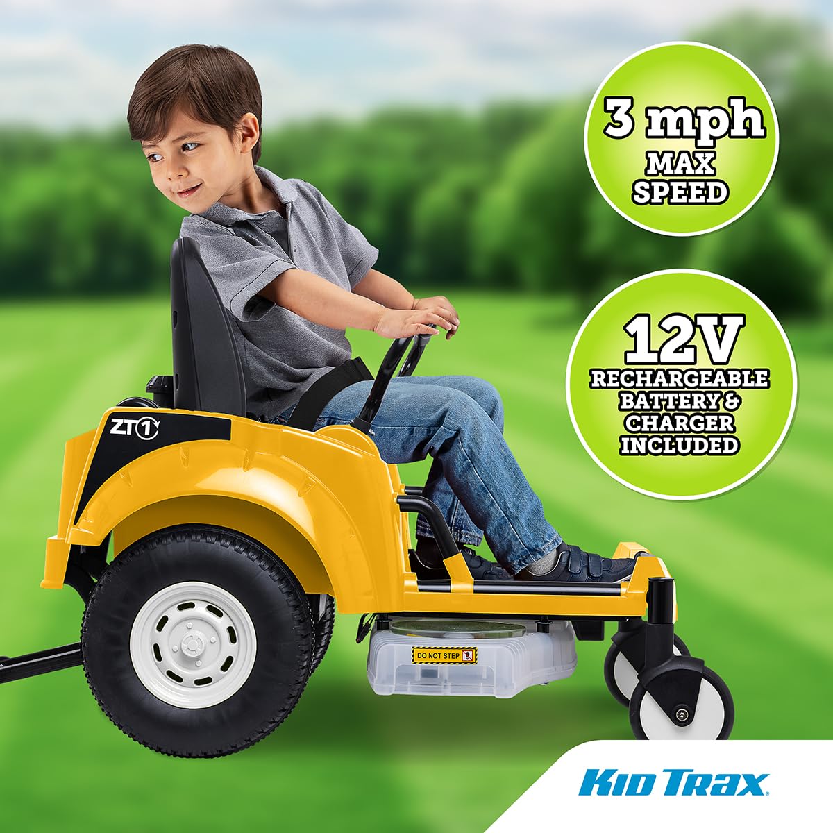 Kid Trax 12V Zero Turn Lawn Mower Yellow translucent deck enhances pretend mowing