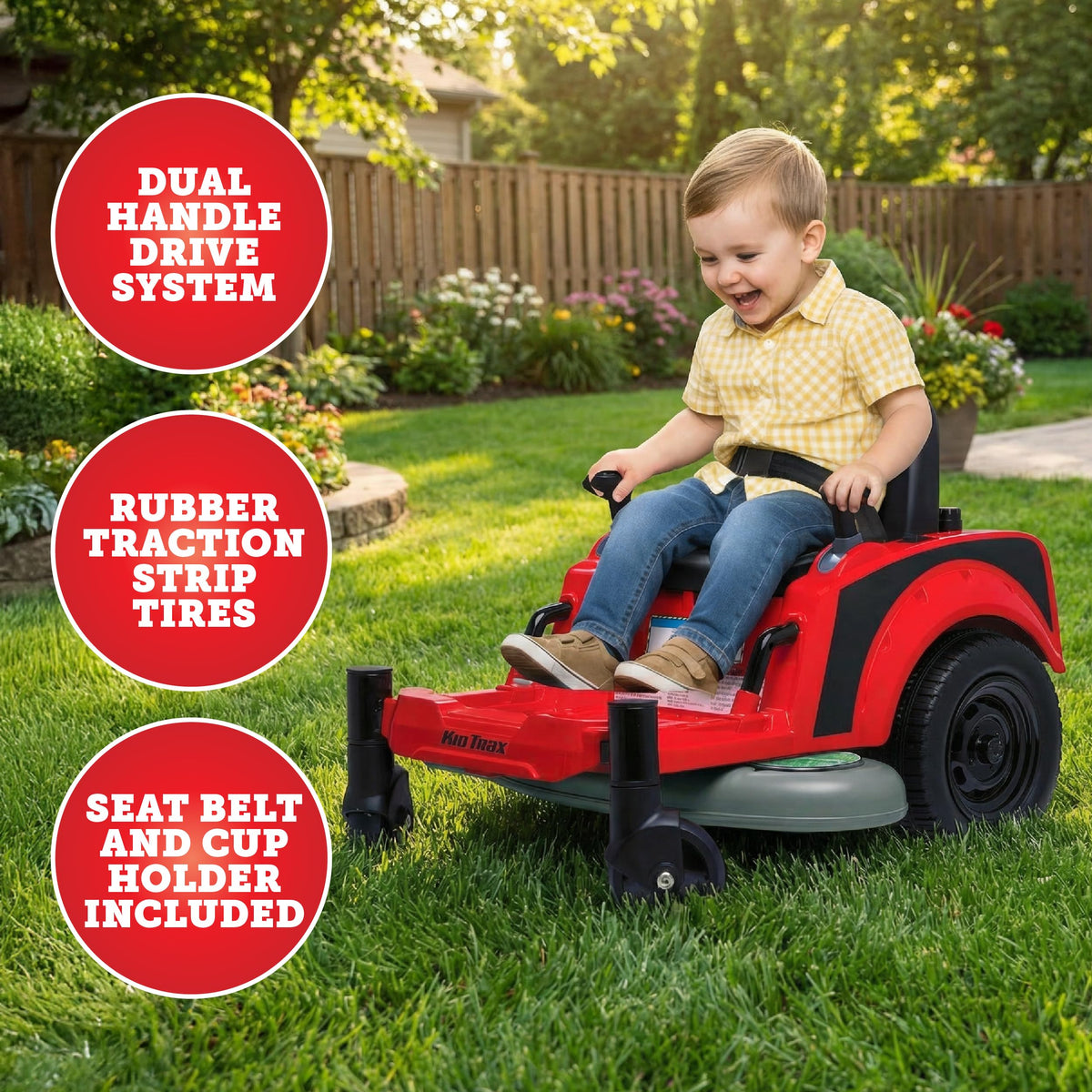 Kid Trax 12V Zero Turn Mower Jr. supports up to 66 lbs for kid-friendly rides