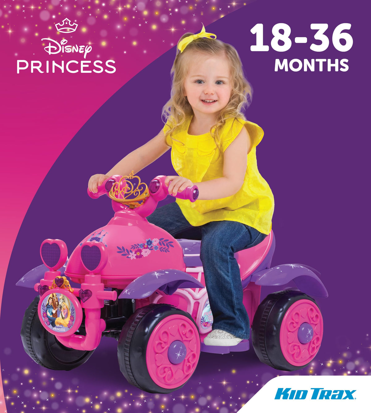 Kid Trax Disney Princess ride-on quad dashboard, accessible controls for small hands.