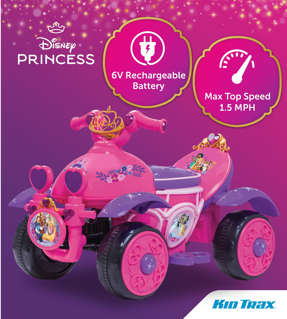 Kid Trax Disney Princess ride-on quad packaging, ready-to-assemble design for quick setup.