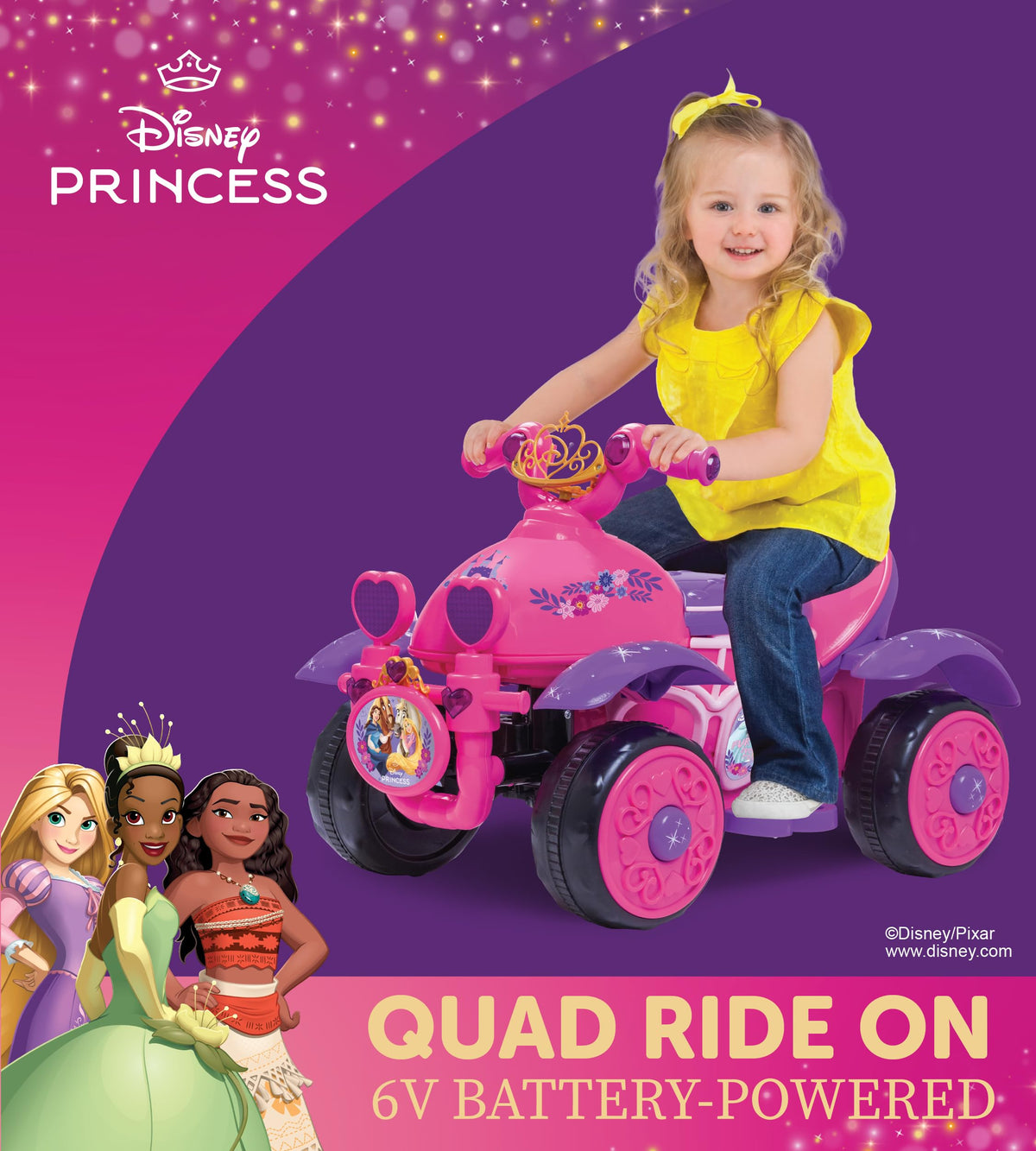 Kid Trax Disney Princess ride-on quad, rear view, sturdy tires support all-terrain exploration.