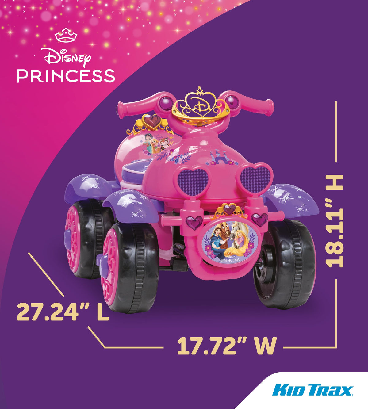 Kid Trax Disney Princess ride-on quad, side view, promotes imaginative play and safe speed.