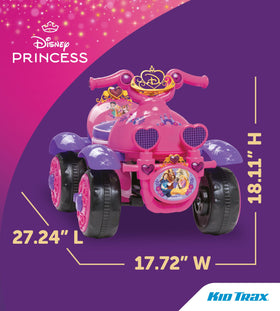 Kid Trax Disney Princess ride-on quad, side view, promotes imaginative play and safe speed.