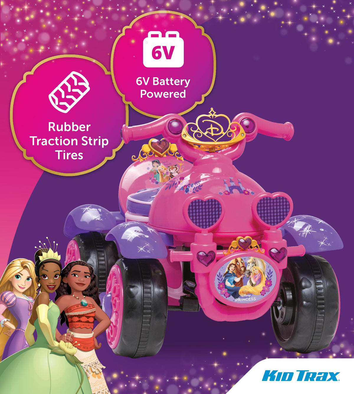 Kid Trax Disney Princess ride-on quad tires, Power Trax grip for balanced traction.