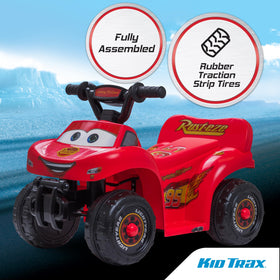 Kid Trax flame decals and Rust-eze logo enhance authentic Cars look.