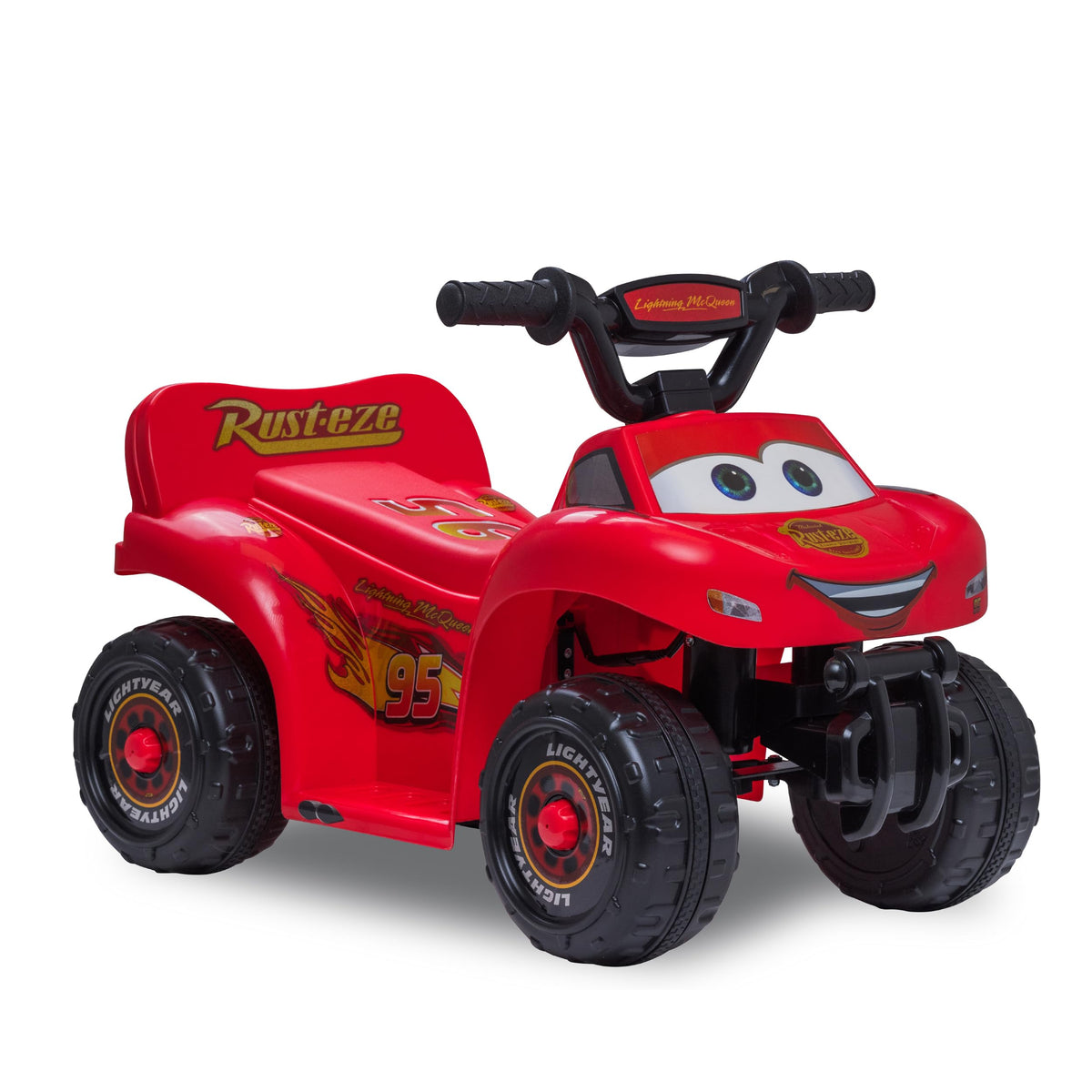 Kid Trax Lightning McQueen quad front view with authentic Cars styling for toddlers' playtime.