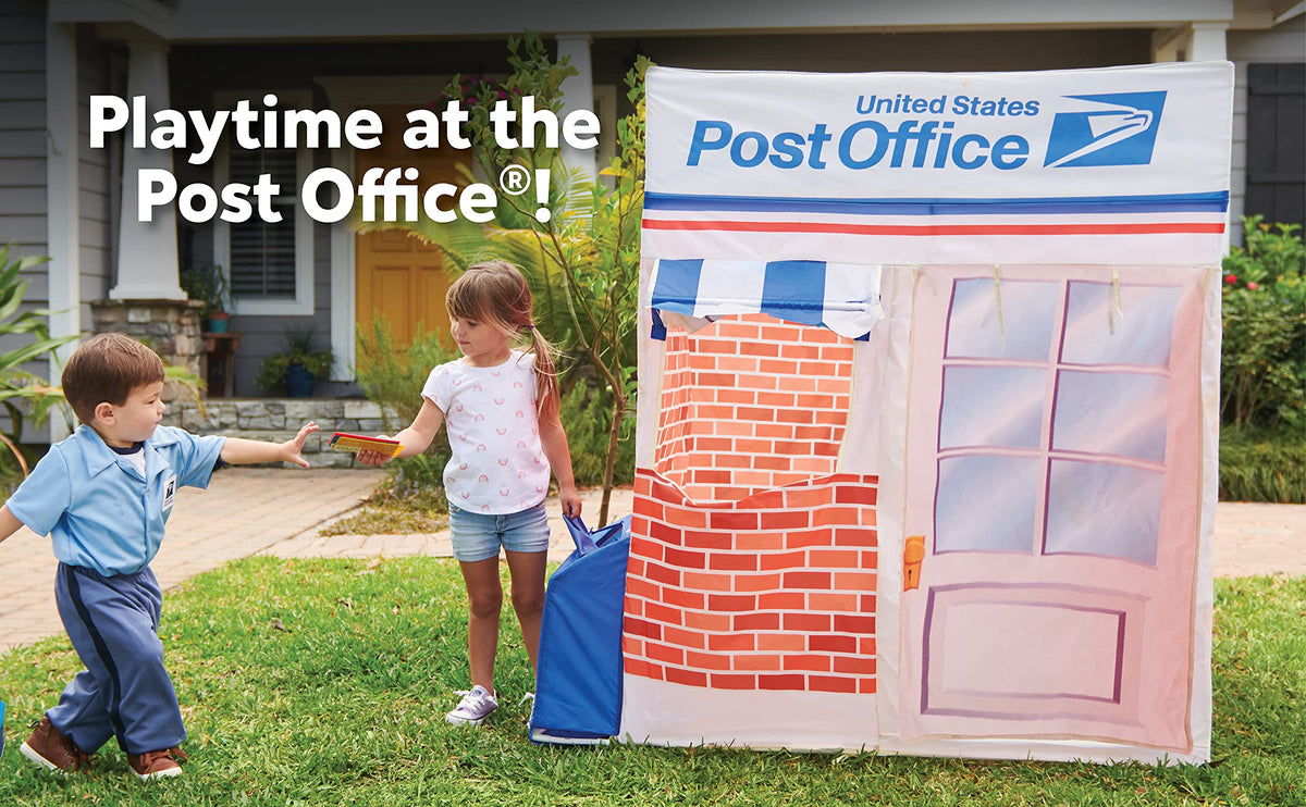 Kid Trax Post Office Tent, window in use, encourages social interaction.