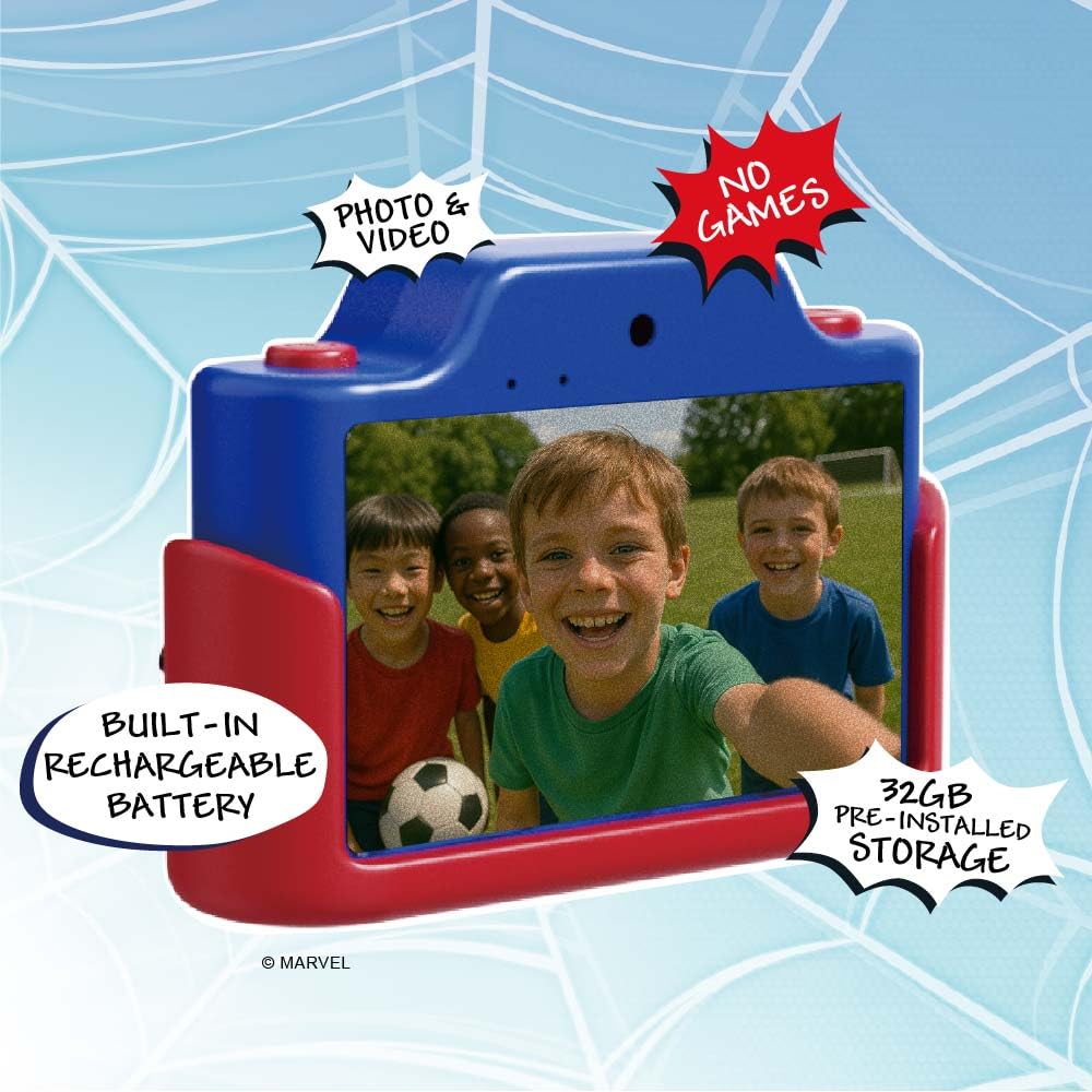 Kidamento Spider-Man camera in drop-proof silicone case ready for outdoor adventures.