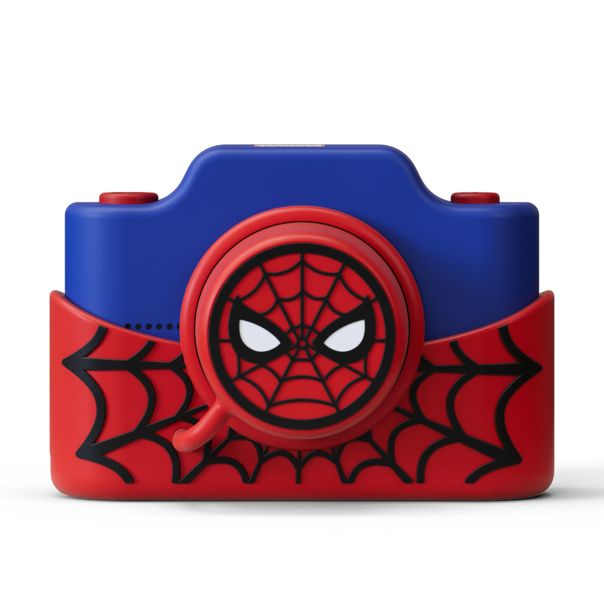 Kidamento Spider-Man camera front view showing ergonomic grip and kid-friendly design.