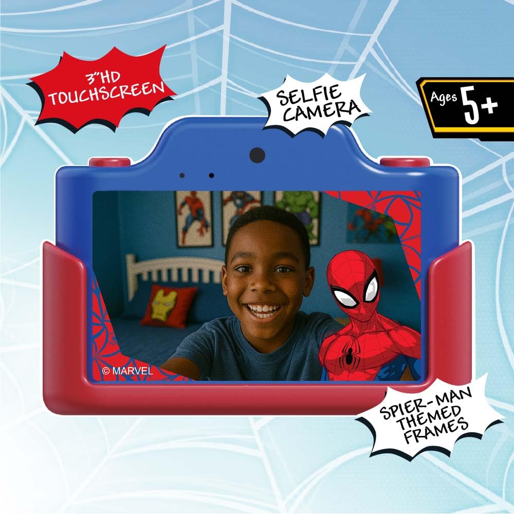 Kidamento Spider-Man camera with 3-inch touchscreen for easy navigation by children.