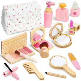 KIDBEST wooden makeup kit with pink bag for pretend play on the go
