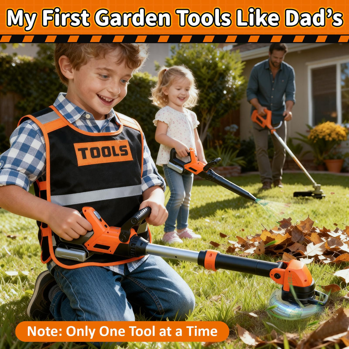 KidBloom 2in1 lawn mower with rotating head for realistic play.