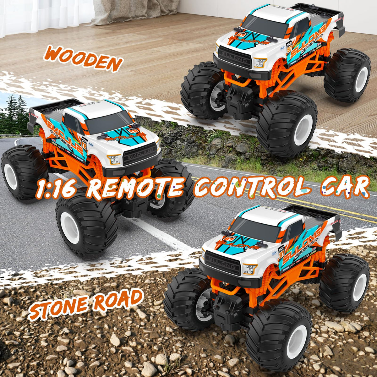 Kidcia 1:16 RC Monster Truck front view with vibrant orange shell.