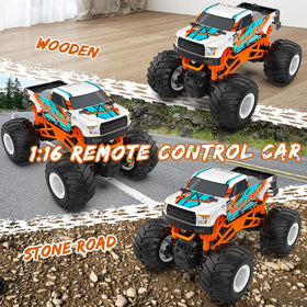 Kidcia 1:16 RC Monster Truck front view with vibrant orange shell.