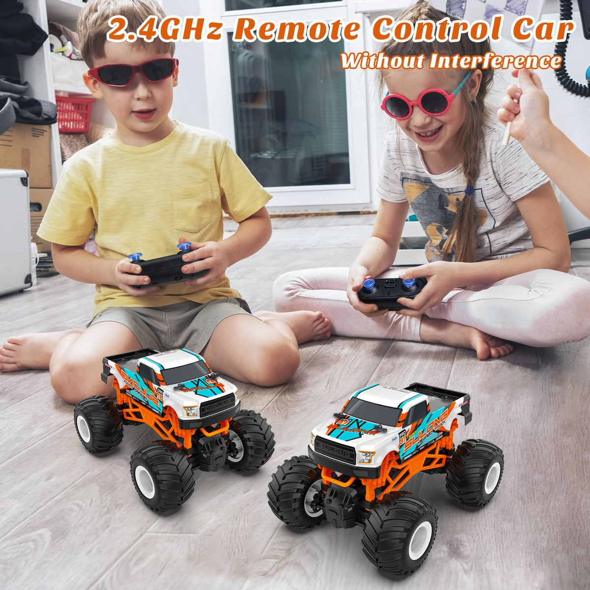 Kidcia 1:16 RC Monster Truck on rugged terrain showing oversized tires.