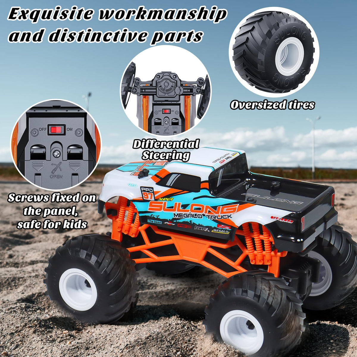 Kidcia RC Monster Truck driving over grass and sand terrain.