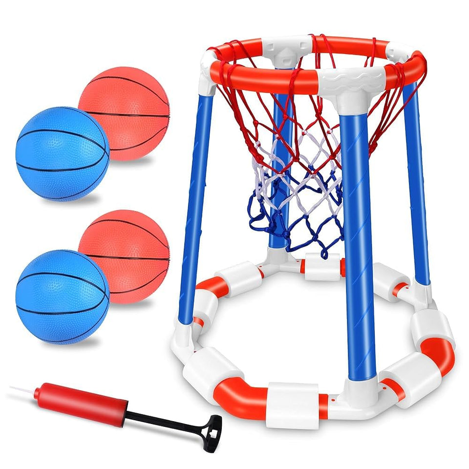 Kiddelo pool basketball hoop floating setup for quick backyard fun.