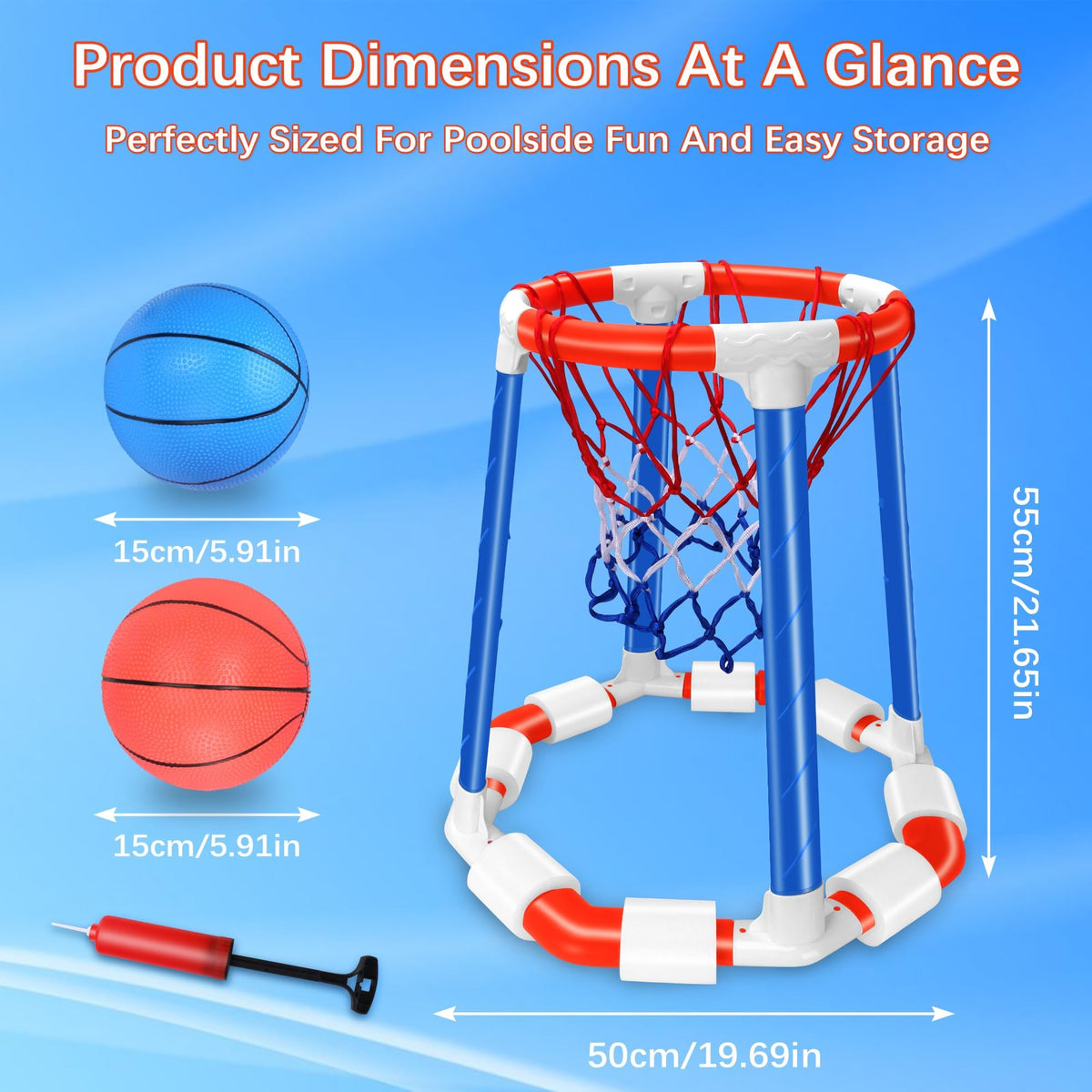 Kiddelo pool basketball hoop in pool action for family games.