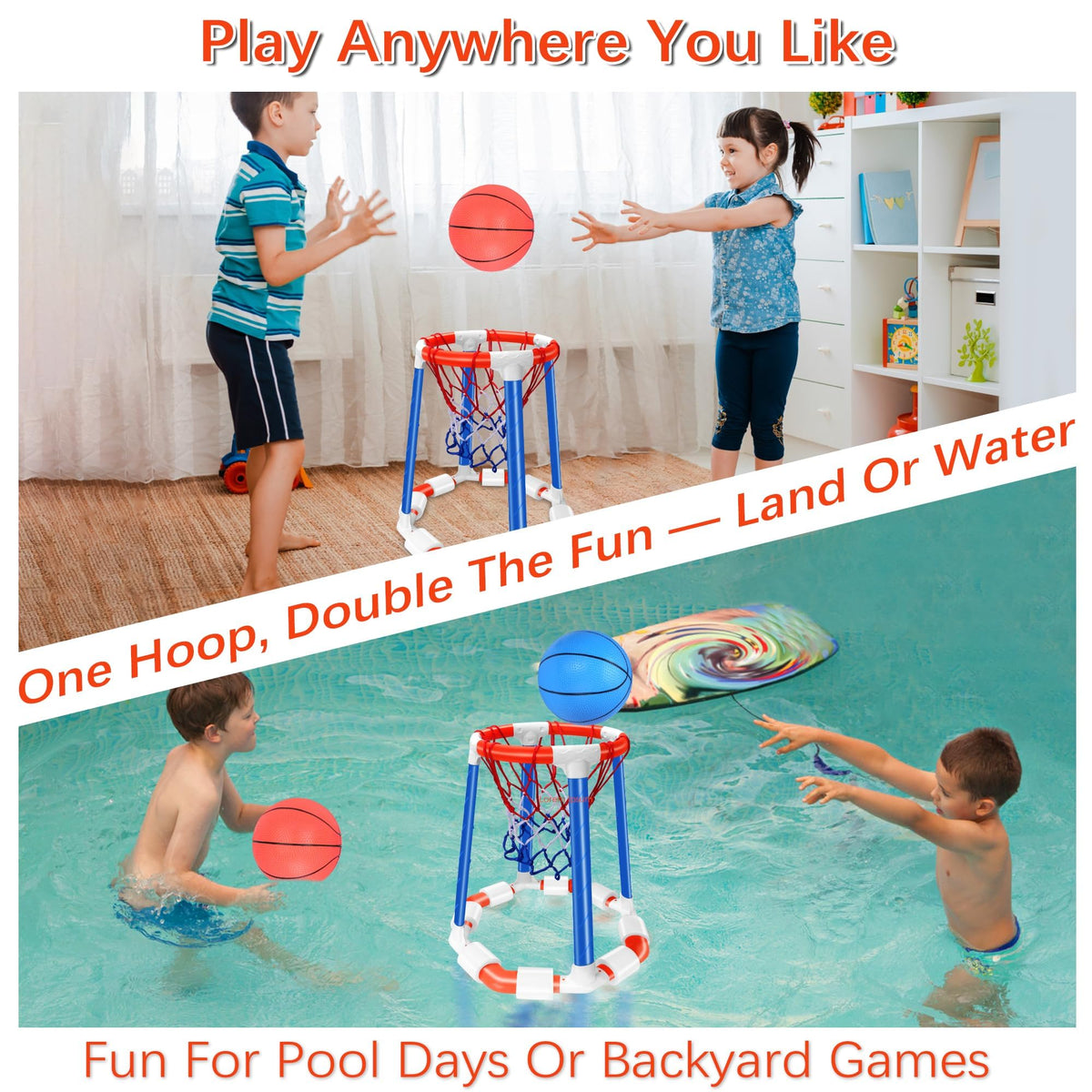 Kiddelo kids enjoying pool basketball hoop for active family time.
