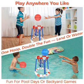 Kiddelo kids enjoying pool basketball hoop for active family time.