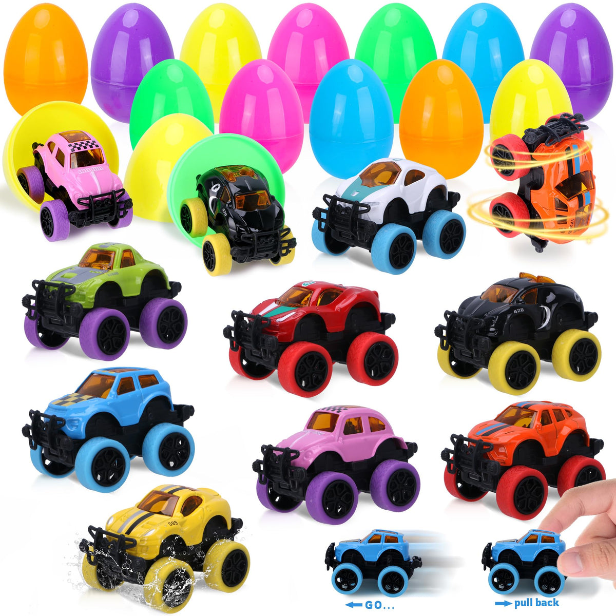 Kiddelo pull-back monster car toys for egg hunts, easy for small hands.