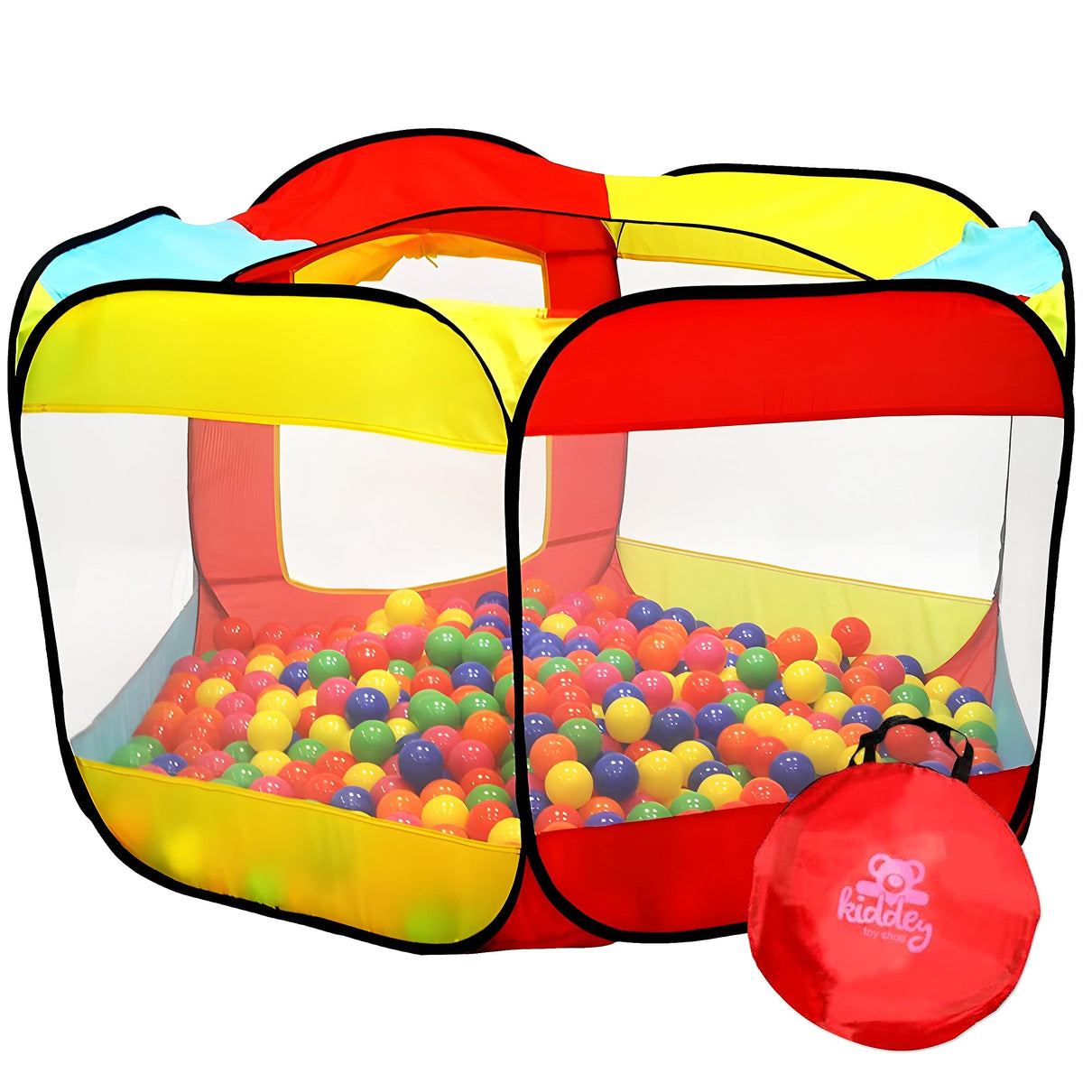 Kiddey ball pit pop-up tent indoors, spacious play area for toddlers.