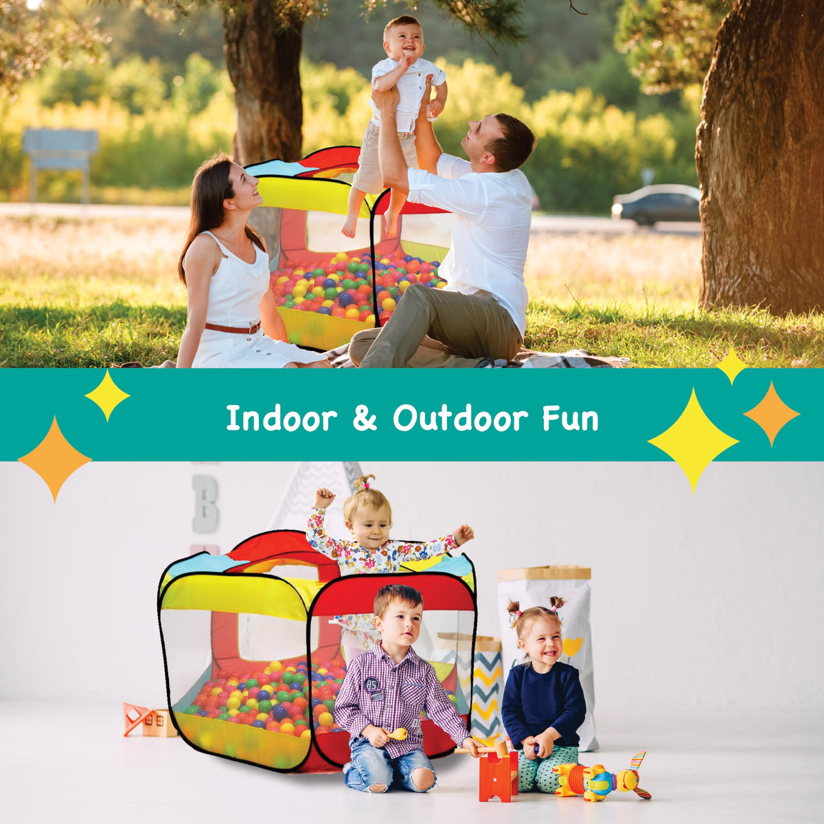 Kiddey ball pit pop-up tent memory steel frame ensures stability during active play.