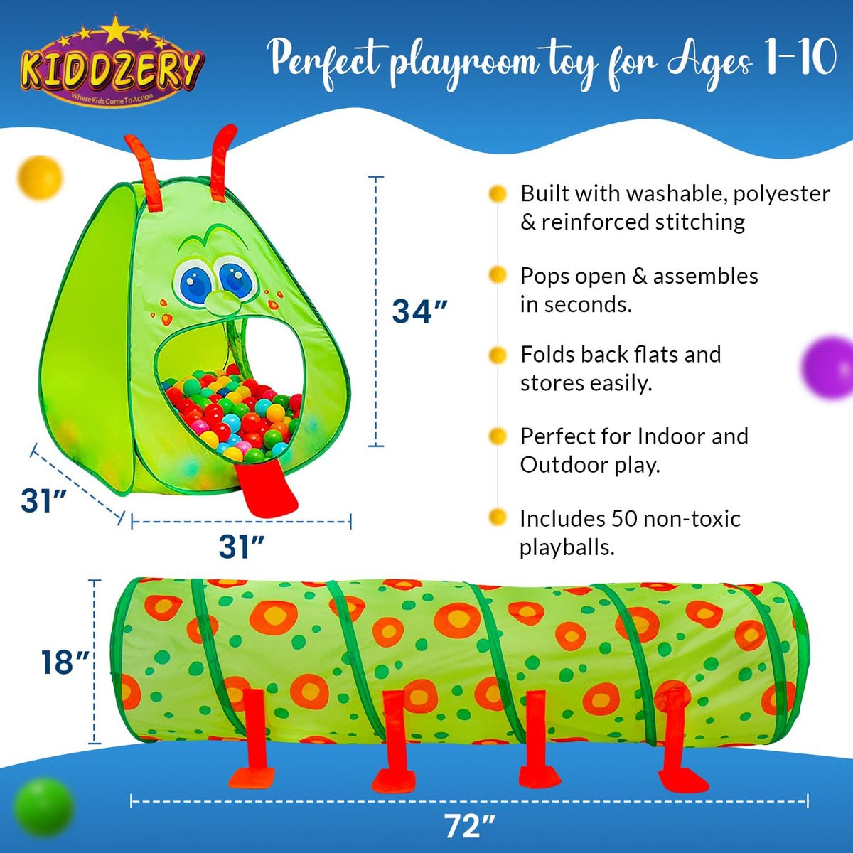 Kiddey Caterpillar ball pit with 50 balls in seven colors for tactile fun.