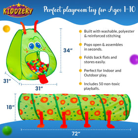 Kiddey Caterpillar ball pit with 50 balls in seven colors for tactile fun.