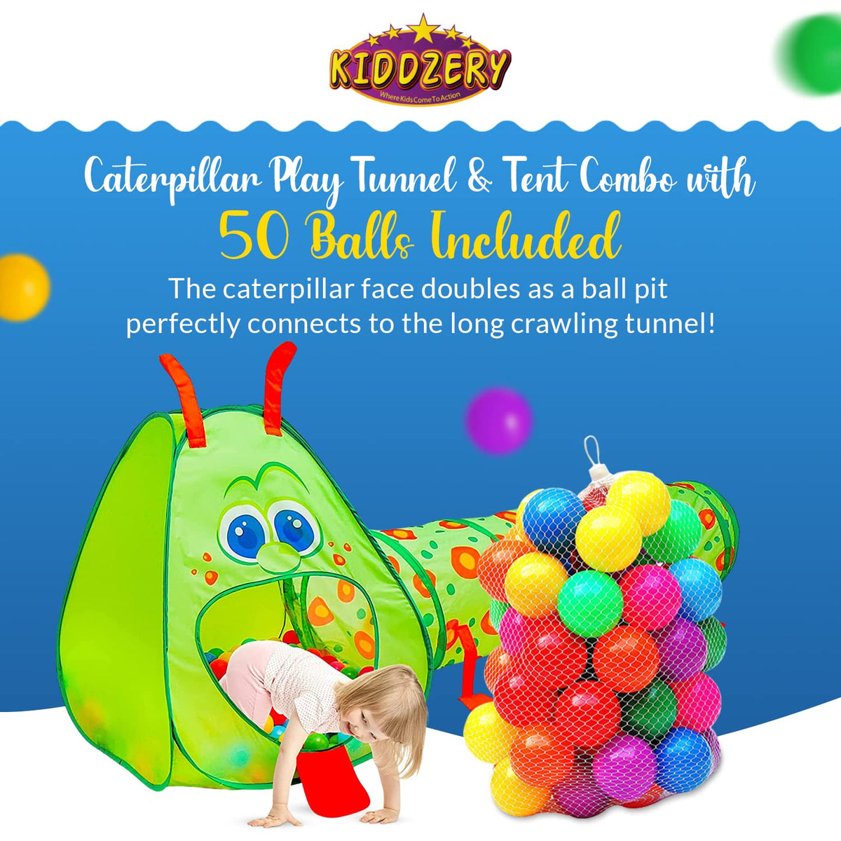 Kiddey Caterpillar tent pop-up offering a cozy space for imaginative play.