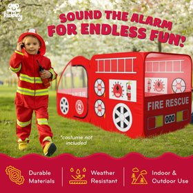 Durable, weather-resistant Kiddey fire truck tent suitable for backyard use.