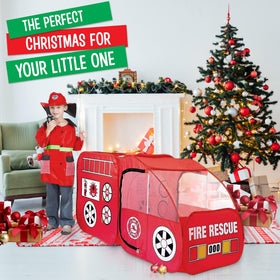 Kiddey fire truck tent emits authentic dispatch sounds during pretend missions.