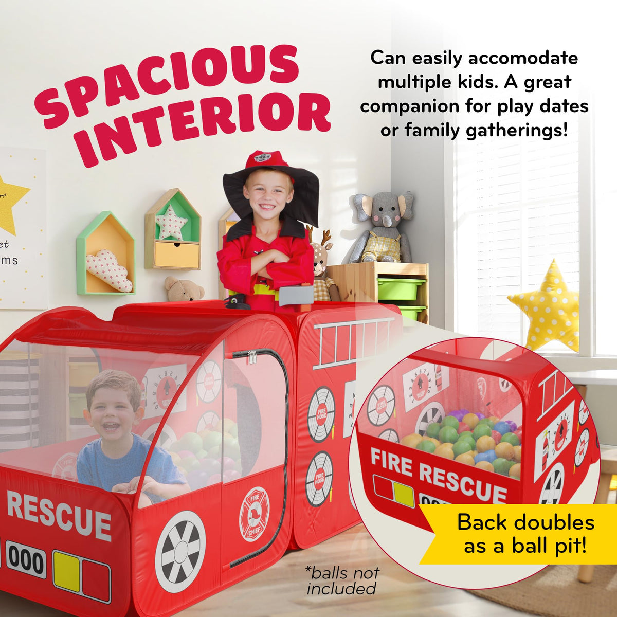 Children engage in imaginative rescue play inside the Kiddey tent.