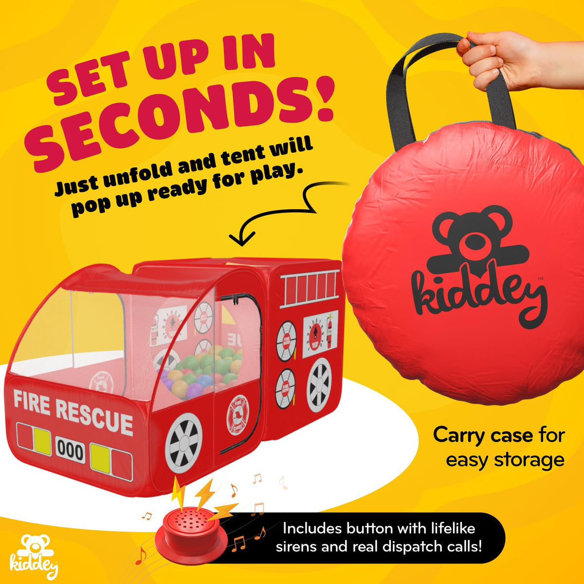 Spacious Kiddey fire truck tent interior ready for play and stories.