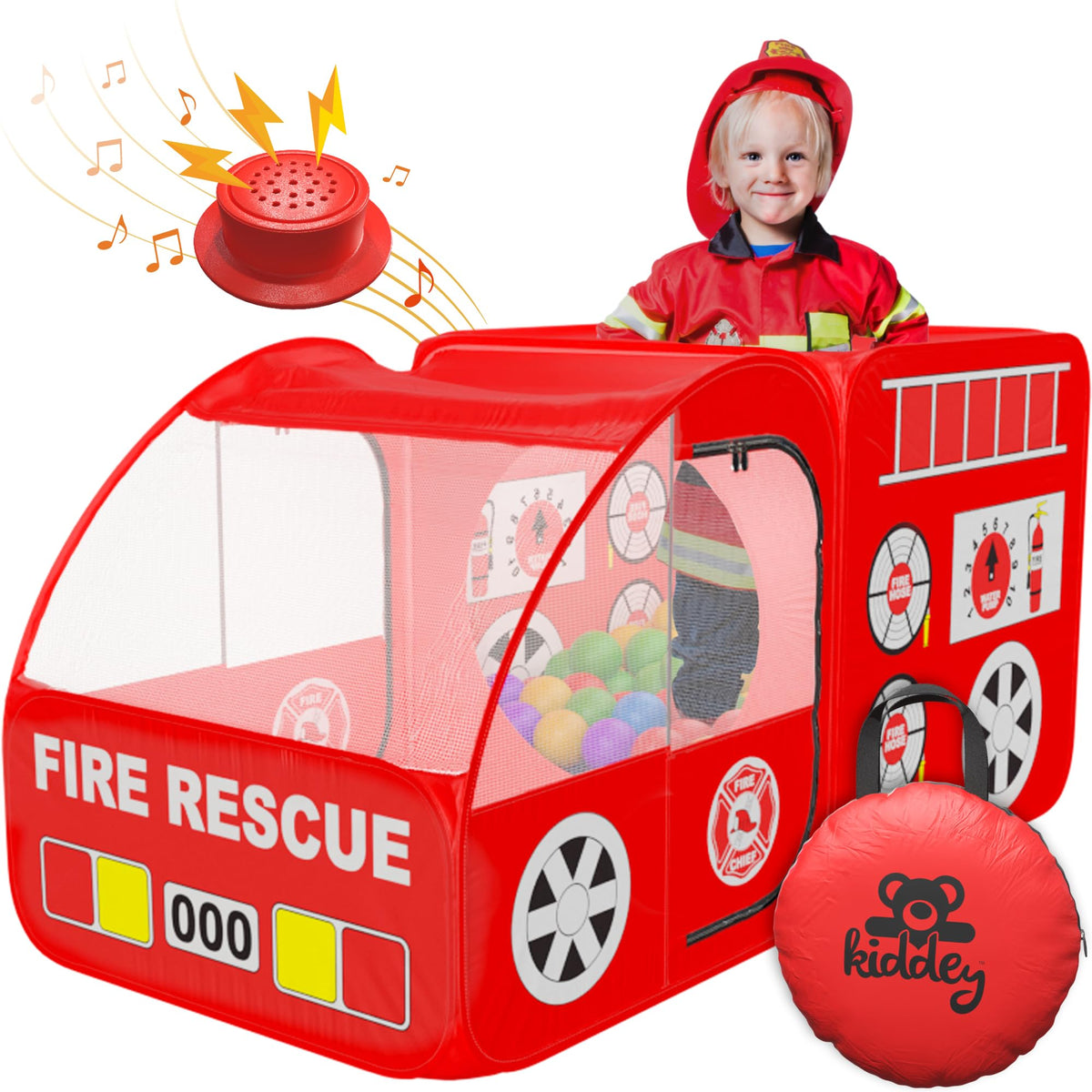 Kiddey fire truck play tent with lifelike sirens for imaginative indoor play.