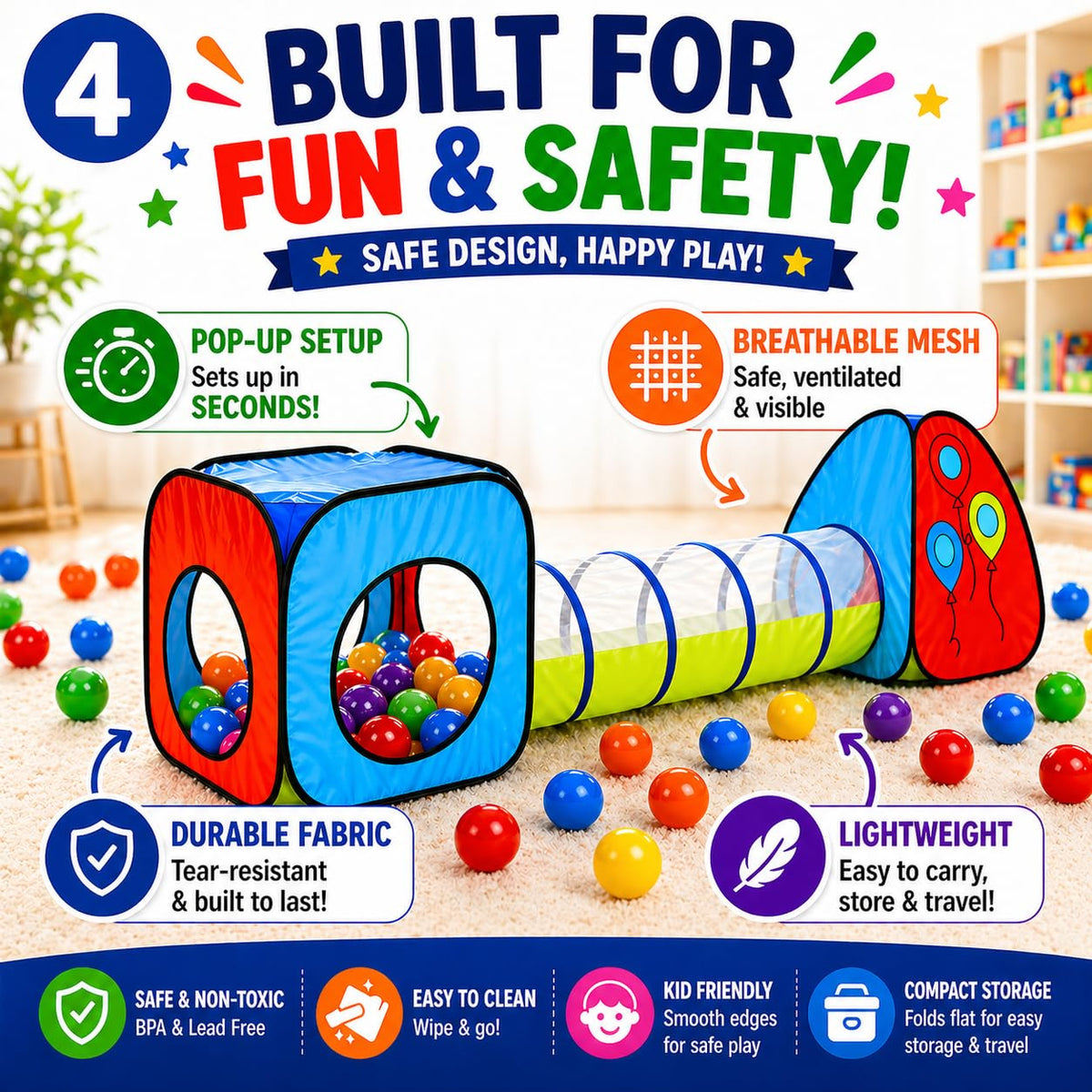 Kiddey tunnel for kids, safe crawling space for exploration.