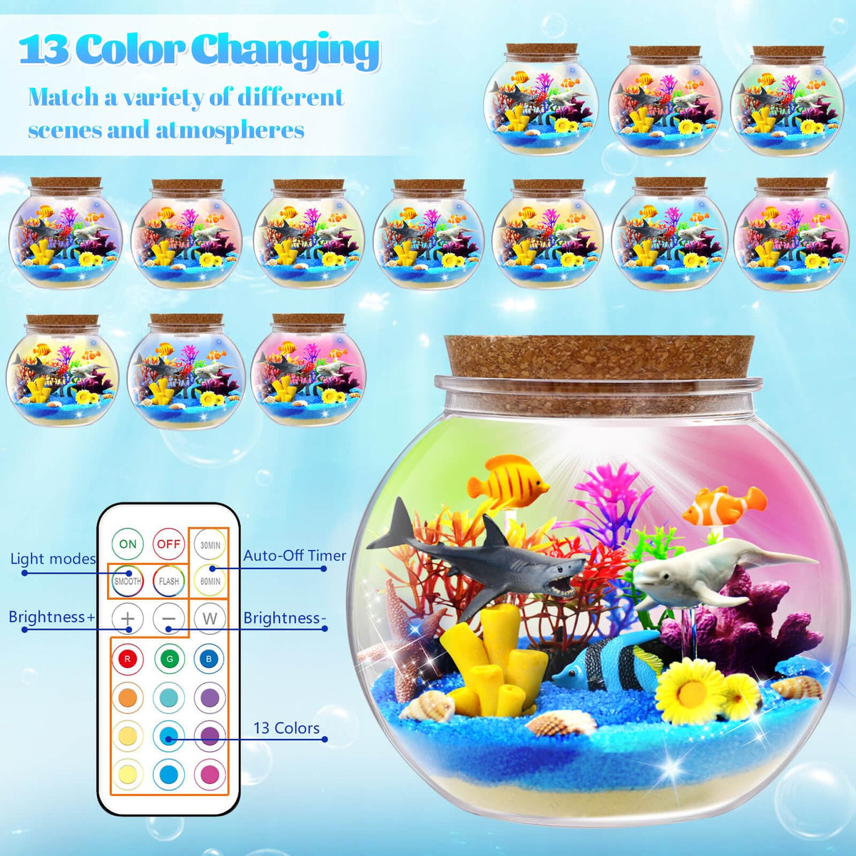 Kiddgroo sand and decorative plants create a vivid underwater scene in the terrarium.