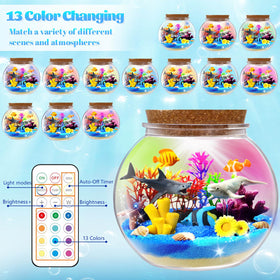 Kiddgroo sand and decorative plants create a vivid underwater scene in the terrarium.