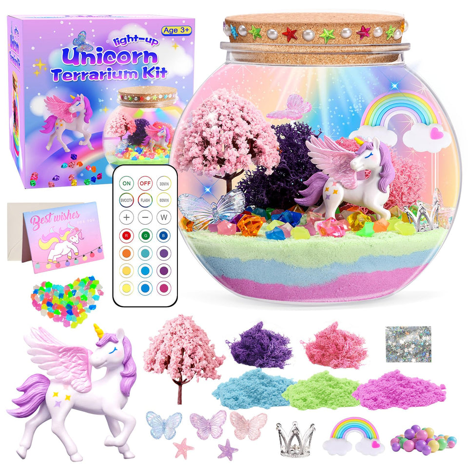 Kiddgroo unicorn light-up terrarium kit displayed for imaginative play in a kid's room.