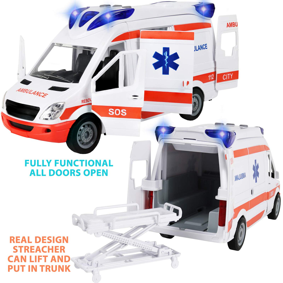 Kiddie Play ambulance detachable top enables varied play setups.