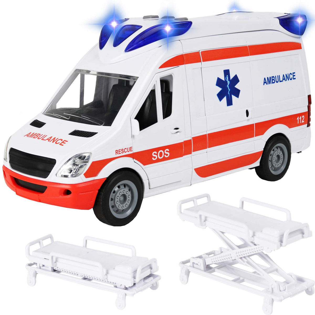 Kiddie Play ambulance with doors open for interactive rescue play.
