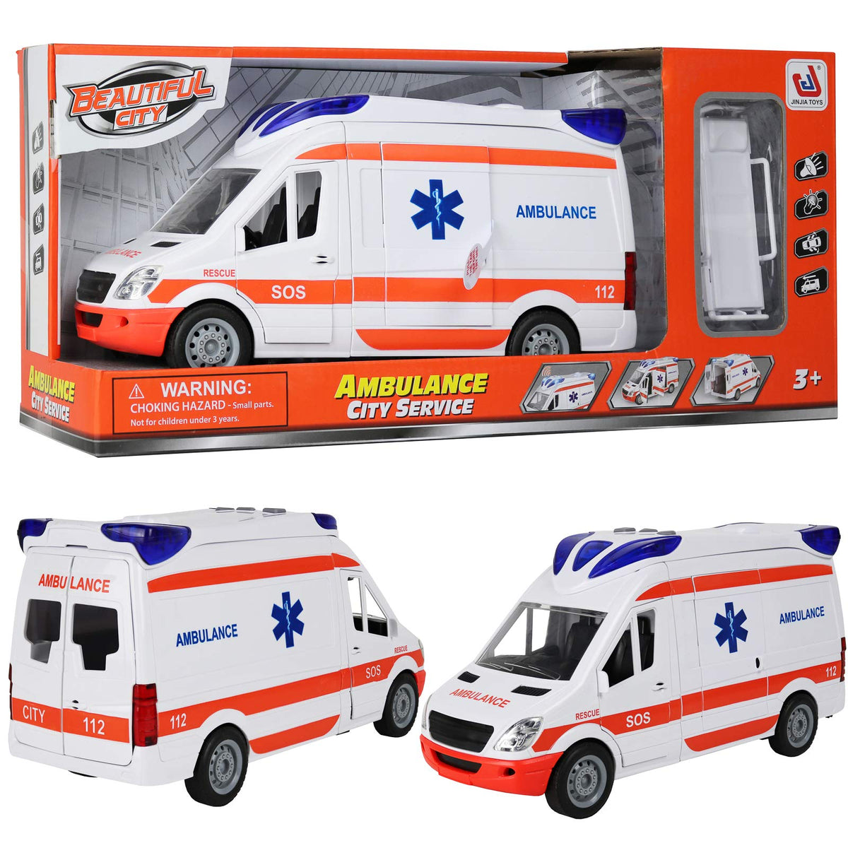 Kiddie Play friction-powered ambulance at 1:16 scale for durable fun.