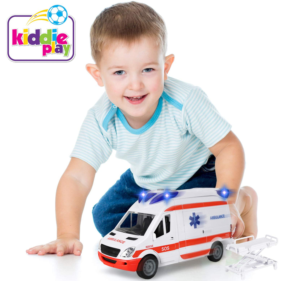 Kiddie Play ambulance stretcher extends for realistic rescues.