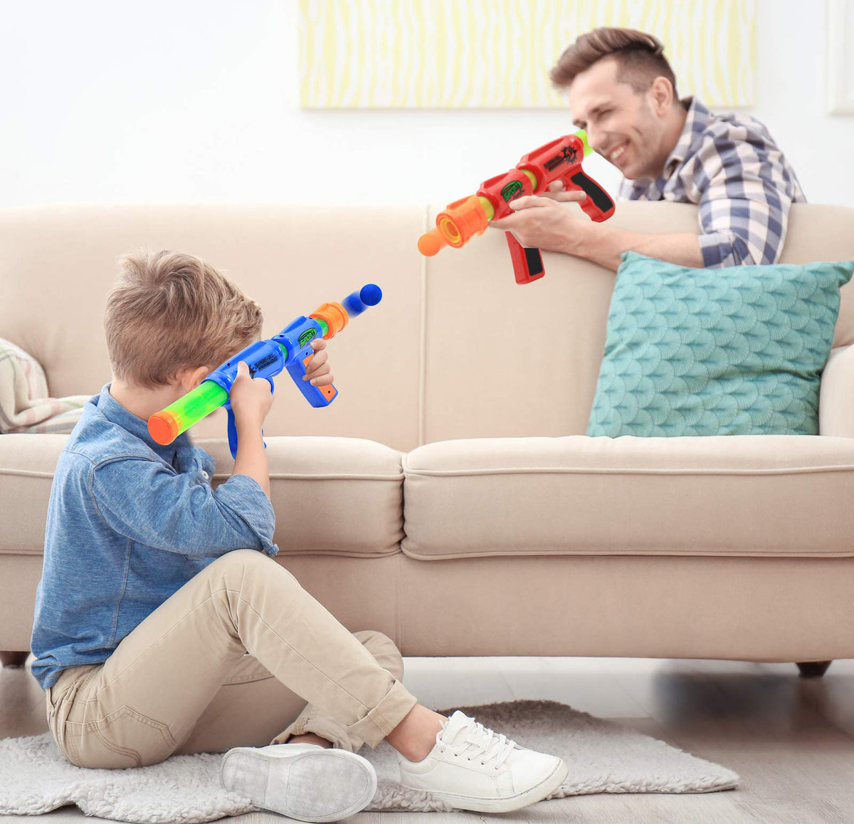 Kiddie Play two-gun set in orange and blue for friendly two-player battles