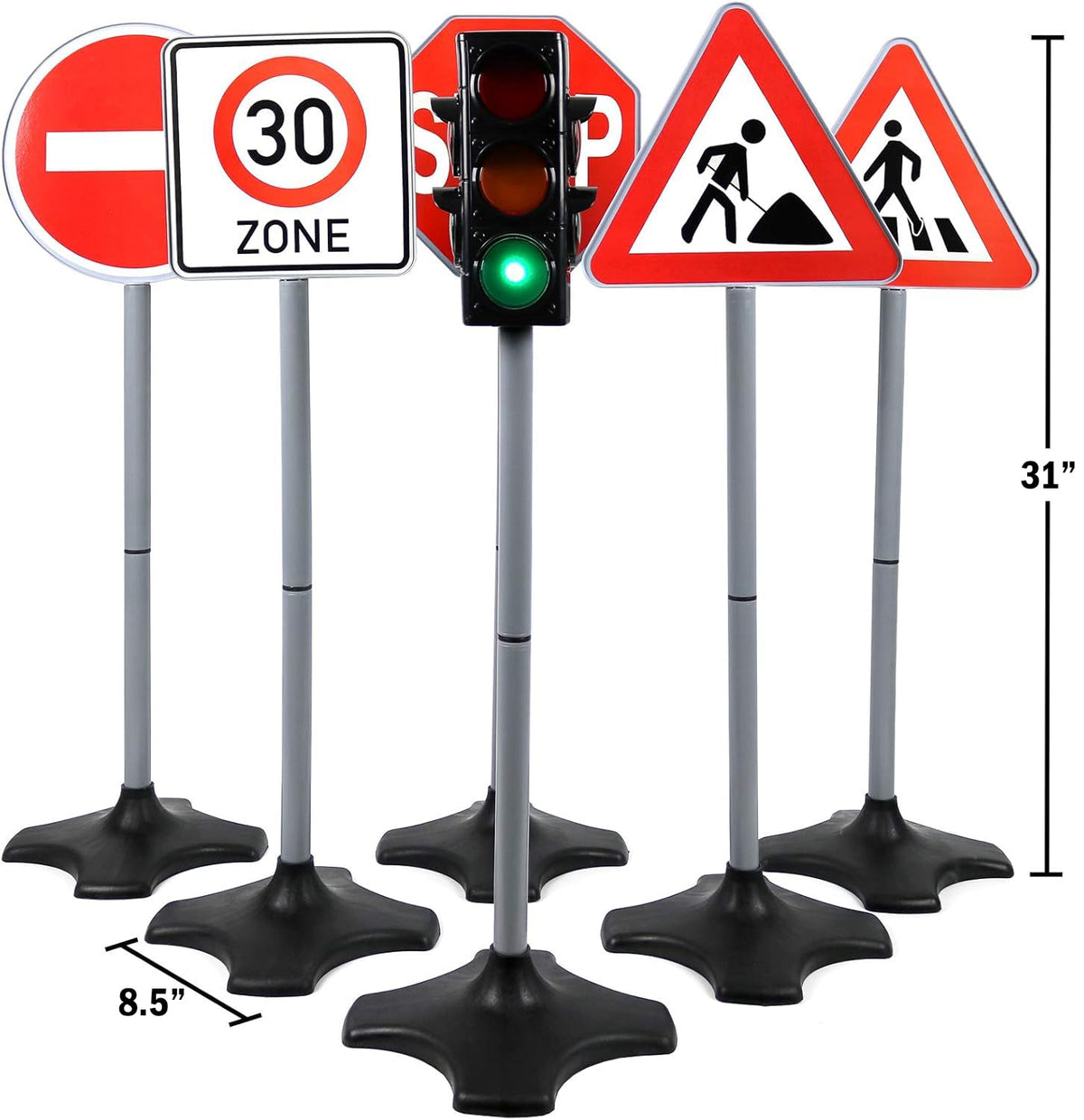 Kiddie Play warning signs Stop and Pedestrian Crossing for imaginative traffic scenes.