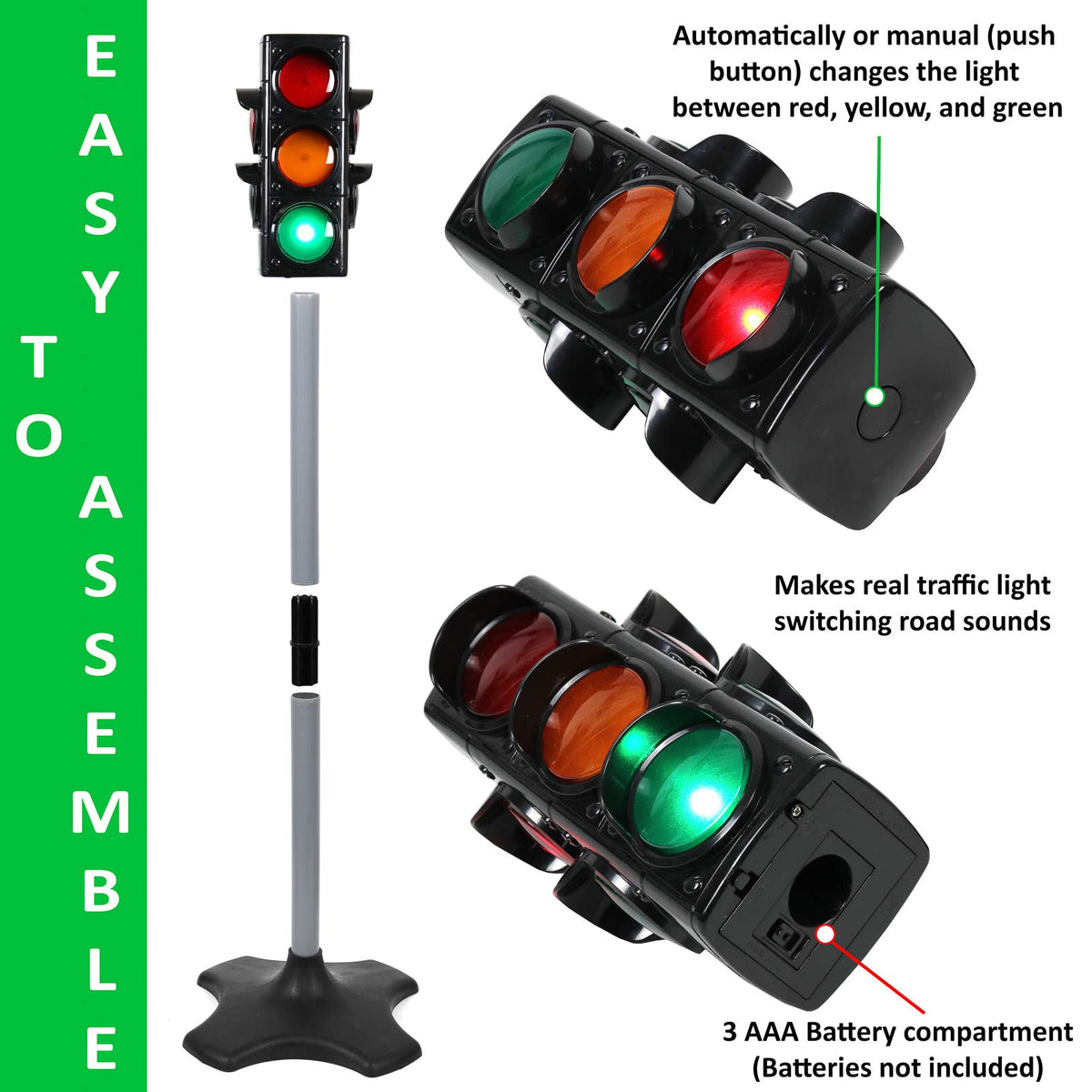 Kiddie Play working traffic light with beeping LEDs for interactive signaling.