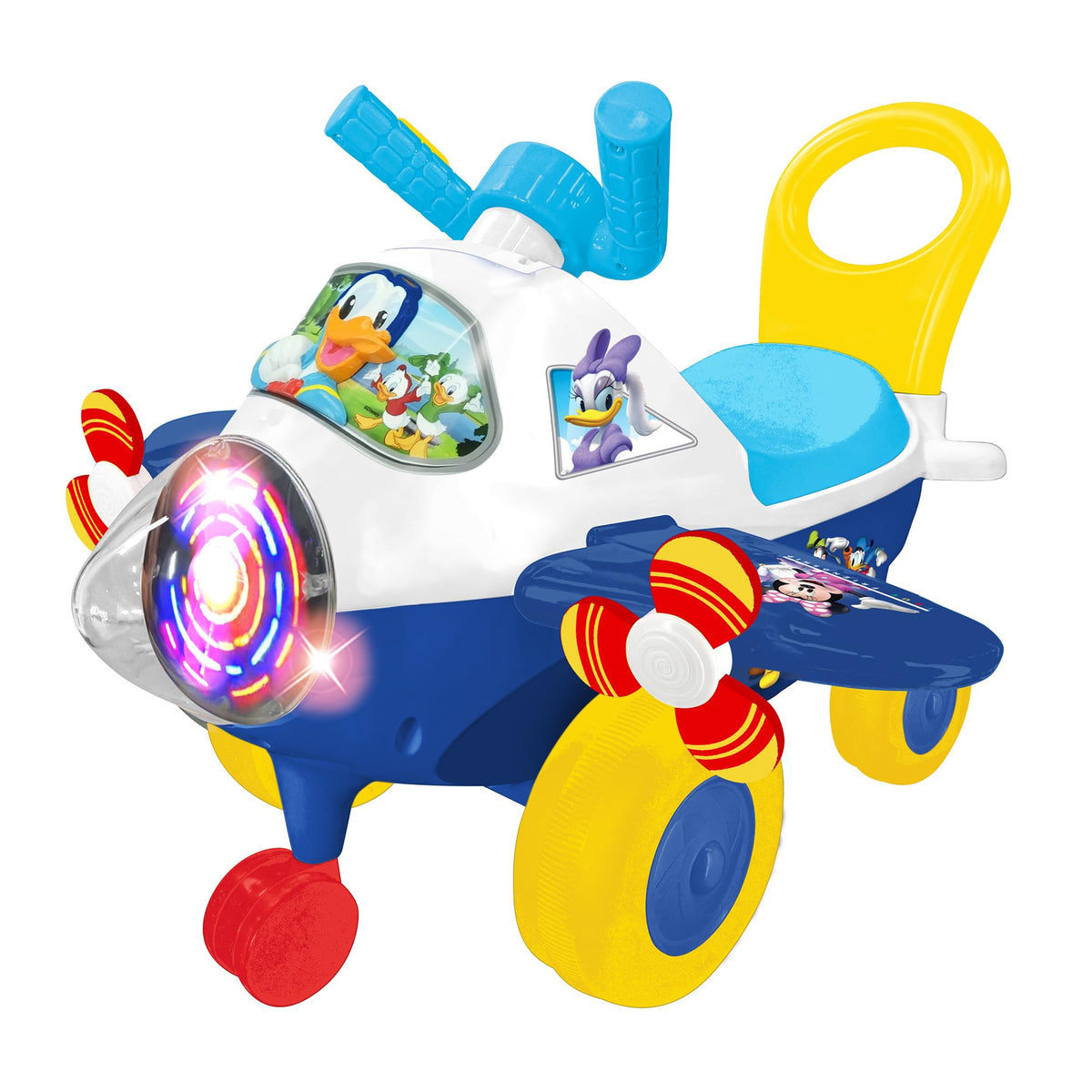 Kiddieland Disney Donald Duck plane lights illuminate playtime for toddlers.