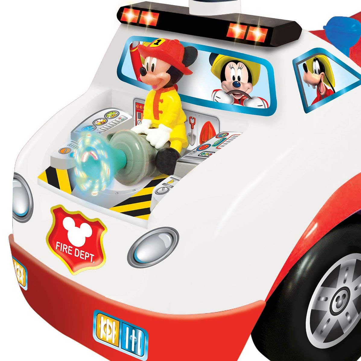 Kiddieland Disney Mickey Mouse Fire Truck Ride-On dashboard buttons trigger authentic sounds.