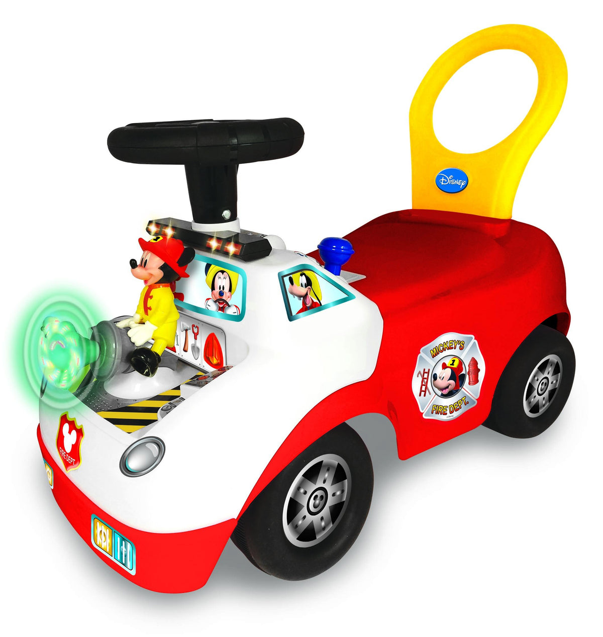 Kiddieland Disney Mickey Mouse Fire Truck Ride-On front view with engaging lights for pretend play.